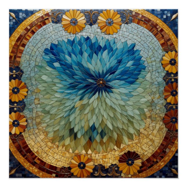 Póster Mosaico Verde Azul Floral (Frente)