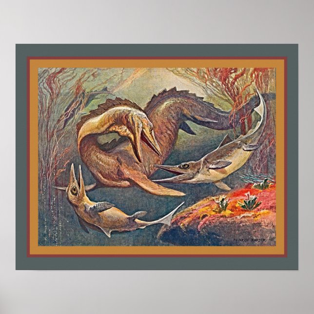 Poster Mosasaurus & Ichthyosaurs ca.1912 Heinrich Harder (Frente)