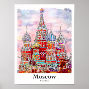 Poster Moscou Rússia Dinamarca Watercolor Mão Desenhada