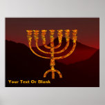 Póster Moshe's Menorah<br><div class="desc">Uma representação da menorah de sete ramificações (candelabro) feita pelos israelitas após o Êxodo do Egito. Adicione seu próprio texto. Na Torah Moshe Rabbenu, diz-se, "Você fará um Menorah de ouro puro, espancado, se o Menorah for feito, sua base, seu galho, suas bolas, seus botões, e suas flores serão martelados...</div>