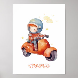 Poster Motocicleta personalizável do pequeno astronauta
