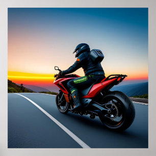 Poster Motociclista pilotando em uma estrada de montanha 