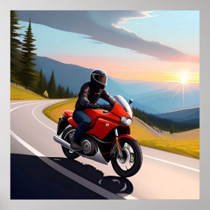 Poster Motociclista pilotando em uma estrada montanhosa p