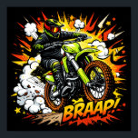 Poster Motocross Comic Burst Dirt Bike Rider<br><div class="desc">A bold comic-inspired motocross design featuring a high-energy dirt bike rider launching forward in an explosive action scene. Surrounded by dynamic starbursts, smoke clouds, and stylized motion effects, the rider powers through the frame with vibrant colors and strong graphic lines that make the artwork pop. The design blends motocross adrenaline...</div>
