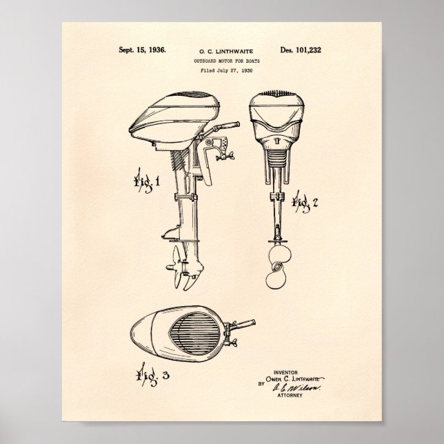 Póster Motor For Boats 1936 Patent Art Old Peper (Frente)