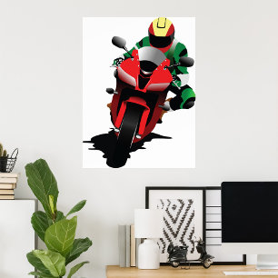 Poster Motorciclista Em Uma Moto Vermelha