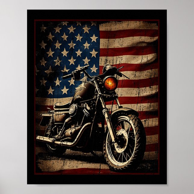 Poster Motorcycle Usa Flag Retro Biker  (Frente)