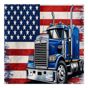 Póster Motorista de Caminhão Semi-Reboque com Bandeira Am