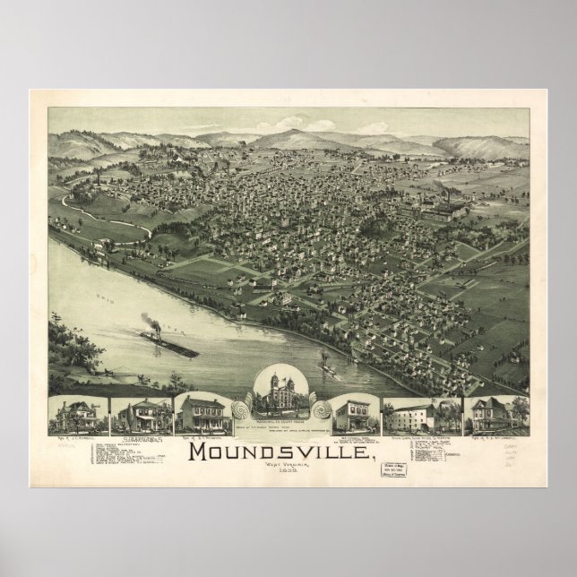 Póster Moundsville, 1899, Mapa Panorâmico de Visão de Olh (Frente)
