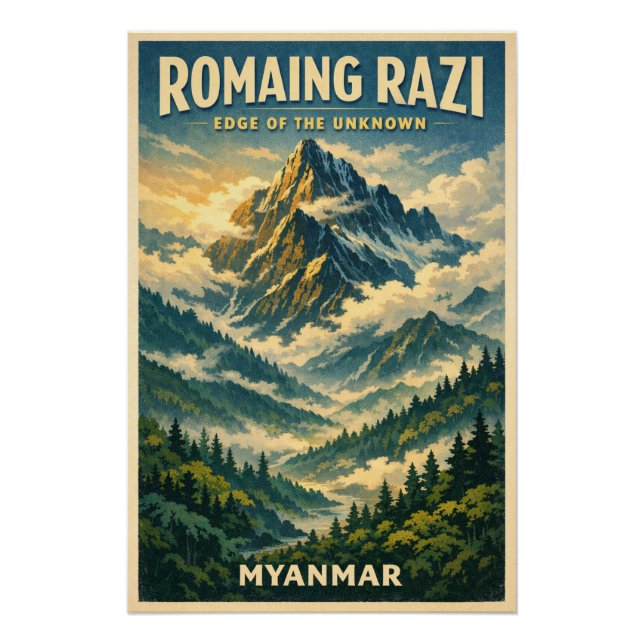 Póster Mount Romaing Razi, Myanmar retro travel (Frente)