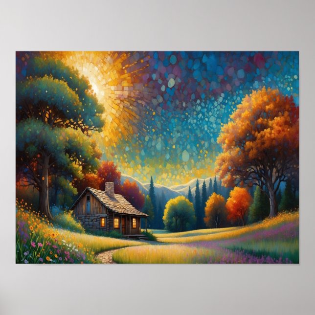 Poster Mountain Forest Cabin Art (Frente)