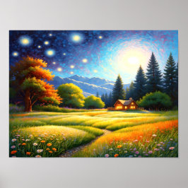 Poster Mountain Forest Cabin Art