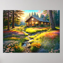 Poster Mountain Forest Cabin Art
