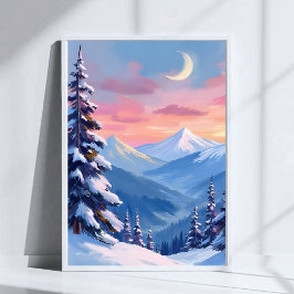 Poster Mountain Moon Winter Watercolor Painting