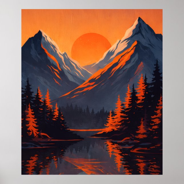 Poster Mountain Sunset Reflection Fiery Orange Sky  (Frente)