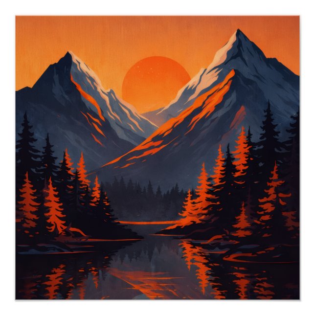 Póster Mountain Sunset Reflection Fiery Orange Sky  (Frente)