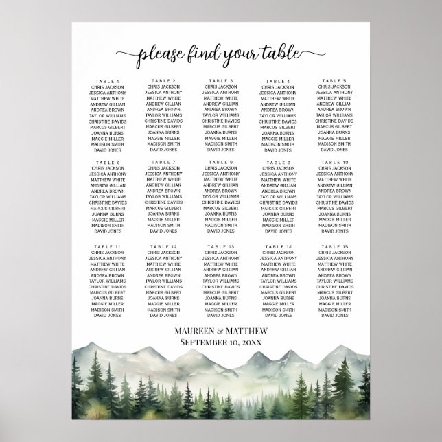 Poster Mountains and Pines 15 Tables Wedding Seating (Frente)