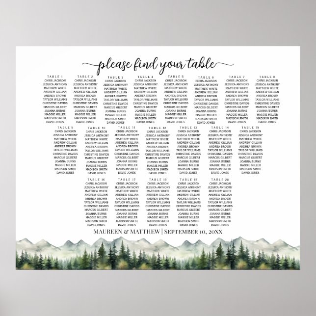 Poster Mountains and Pines 20 Tables Wedding Seating (Frente)