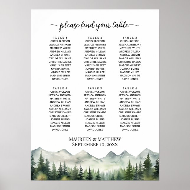Poster Mountains and Pines 6 Tables Wedding Seating (Frente)