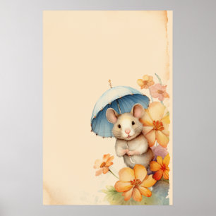 Poster Mouse azul guarda-chuva flores papel velho