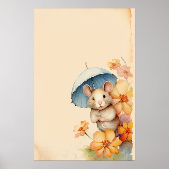 Poster Mouse azul guarda-chuva flores papel velho (Frente)