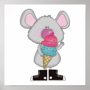 Póster mouse bonito com cone de sorvete
