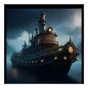 Póster Mousepad de Rebocador Steampunk em um Dia Nublado