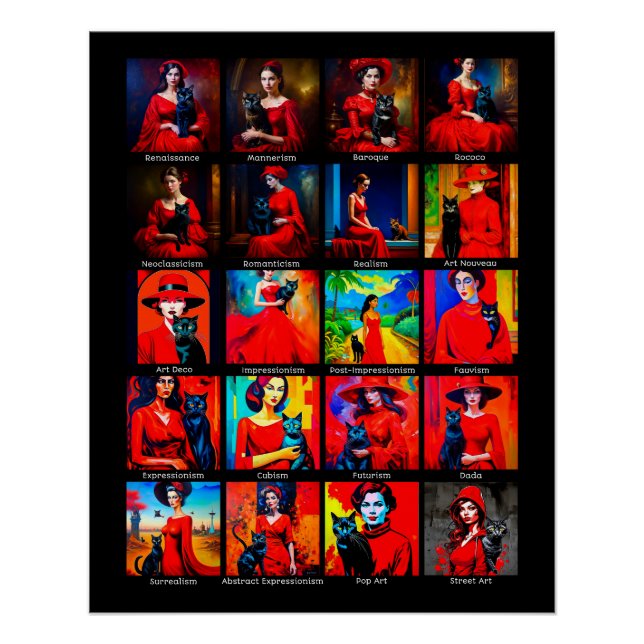 Póster Movimentos de Arte Preta de Vestido Vermelho (Frente)