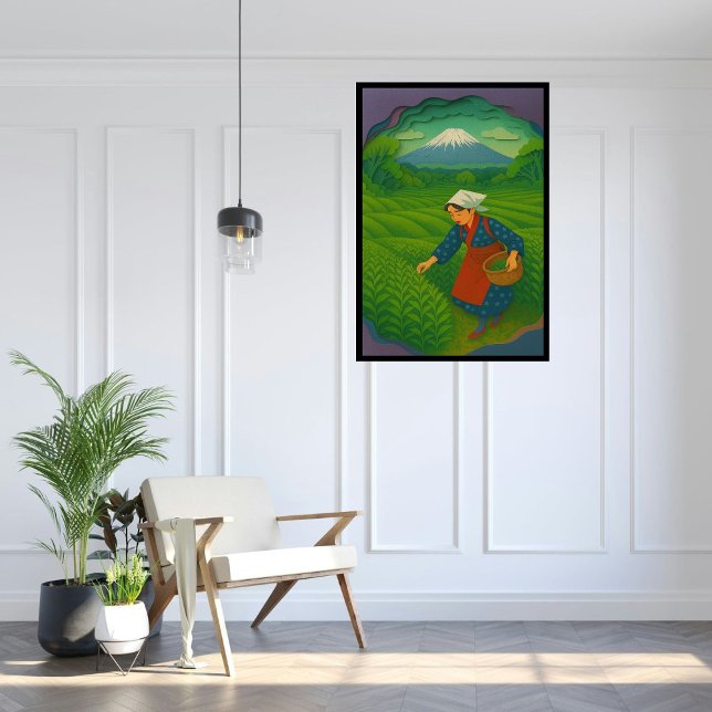 Poster Mt. Fuji - Aestésico de Viagem do Japão Personaliz (Tea field and Mt. Fuji in Shizuoka, japan.  Paper cutting style art.)