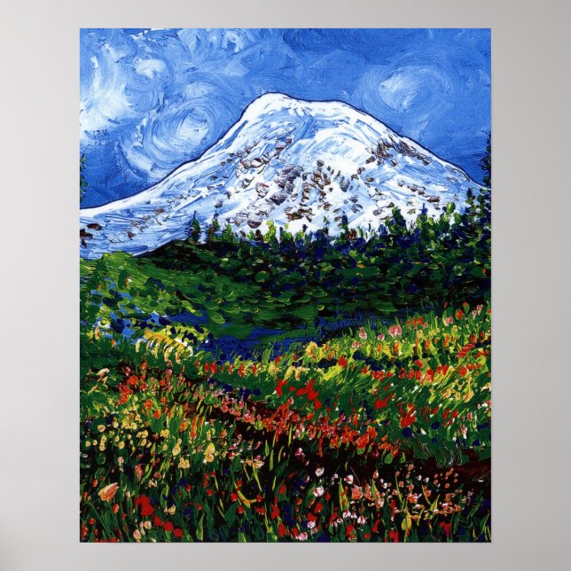Póster Mt Rainier com Flores (Frente)