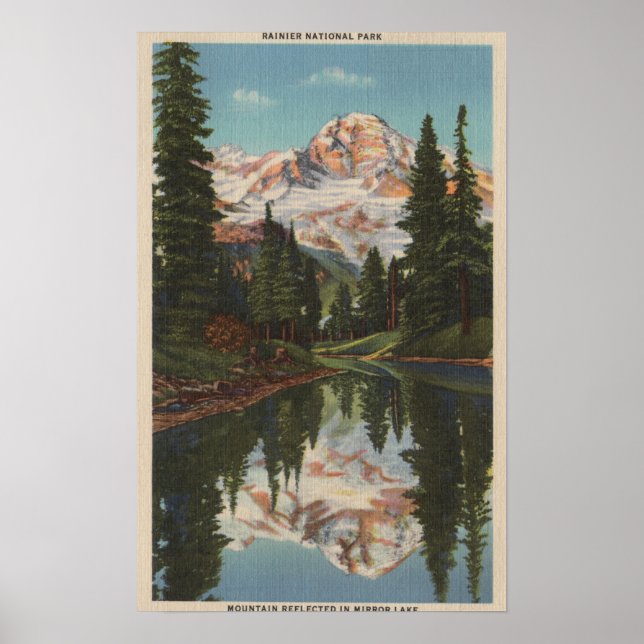 Póster Mt. Rainier, WA - Lago Espelho com Reflexão Mt. (Frente)