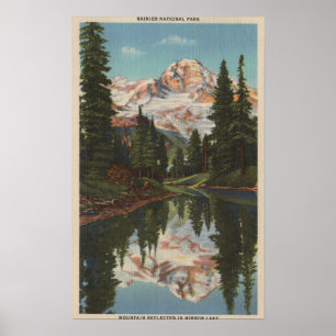 Póster Mt. Rainier, WA - Mirror Lake with Mt. Reflectio