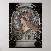 Mucha Art Nouveau Mulher Vintage Posto Zodiac Fran