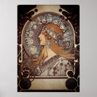 Mucha Art Nouveau Mulher Vintage Posto Zodiac Fran