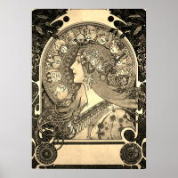 Mucha Art Nouveau Mulher Vintage Posto Zodiac Fran