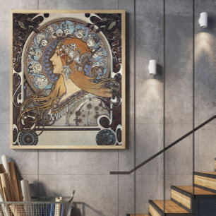 Poster Mucha Art Nouveau Mulher Vintage Zodiac Francês