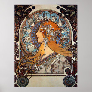Poster Mucha Retro Art Nouveau Mulher Vintage Zodiac Plum