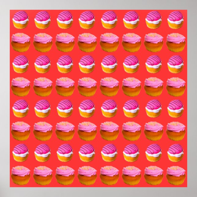 Poster Muffins, cupcakes com creme branco e rosa em um r (Frente)