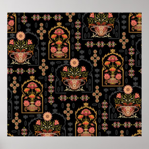 Poster Mughal Floral Motif: Black Seamless.