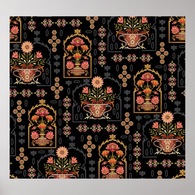 Poster Mughal Floral Motif: Black Seamless. (Frente)