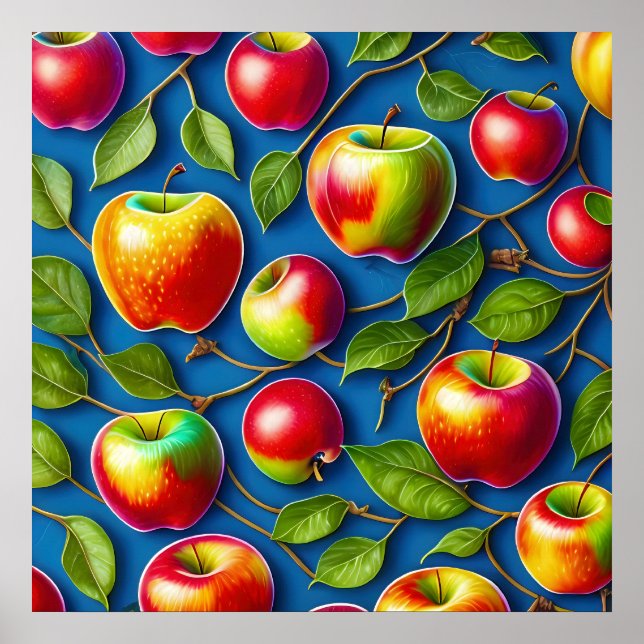 Poster muitas pinturas de fruta de maçã, no centro (Frente)