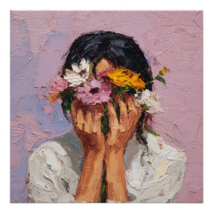 Póster Mulher Abstrata Segurando Flor em Floração e Murch