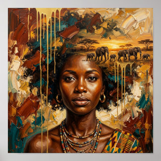 Poster Mulher Africana Elefante Pôr do Sol,Arte de Parede