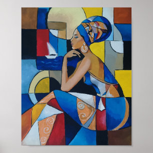 Poster Mulher Africana junto ao Mar Retrato Cubista Abstr