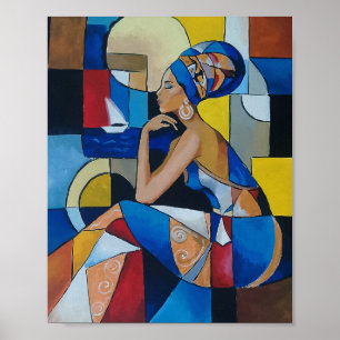 Poster Mulher Africana junto ao Mar Retrato Cubista Abstr