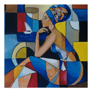 Póster Mulher Africana pelo Mar Cubismo Abstrato Brilhant