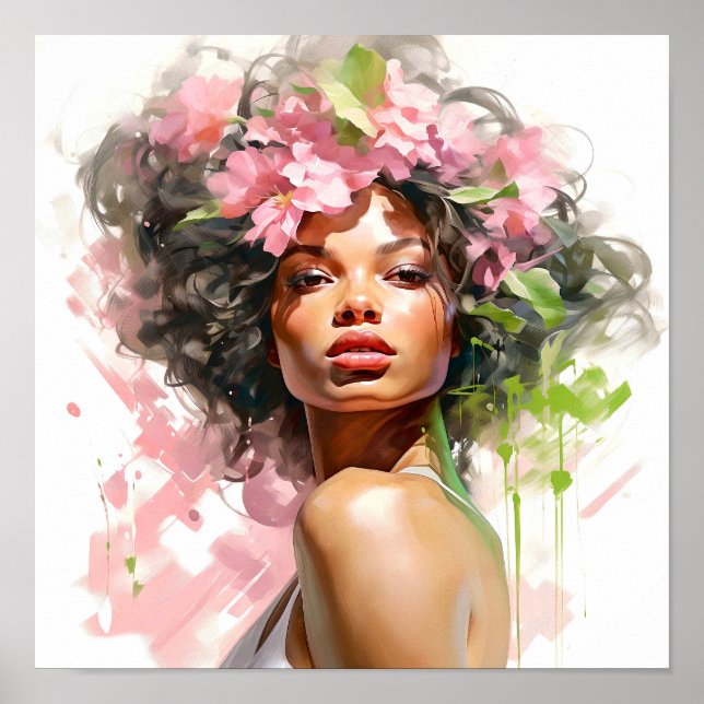Poster Mulher afro-americana rosa e verde (Frente)