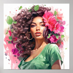 Poster Mulher afro-americana rosa e verde