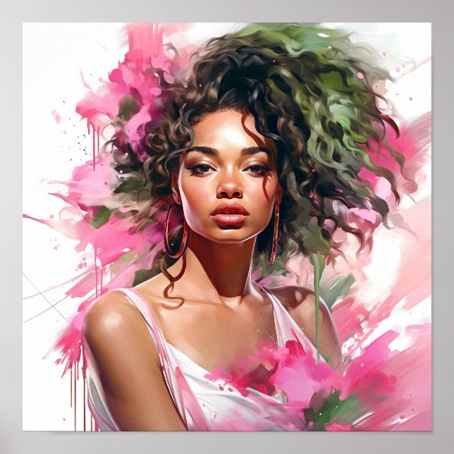 Poster Mulher afro-americana rosa e verde (Frente)