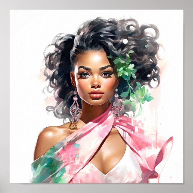 Poster Mulher afro-americana rosa e verde (Frente)